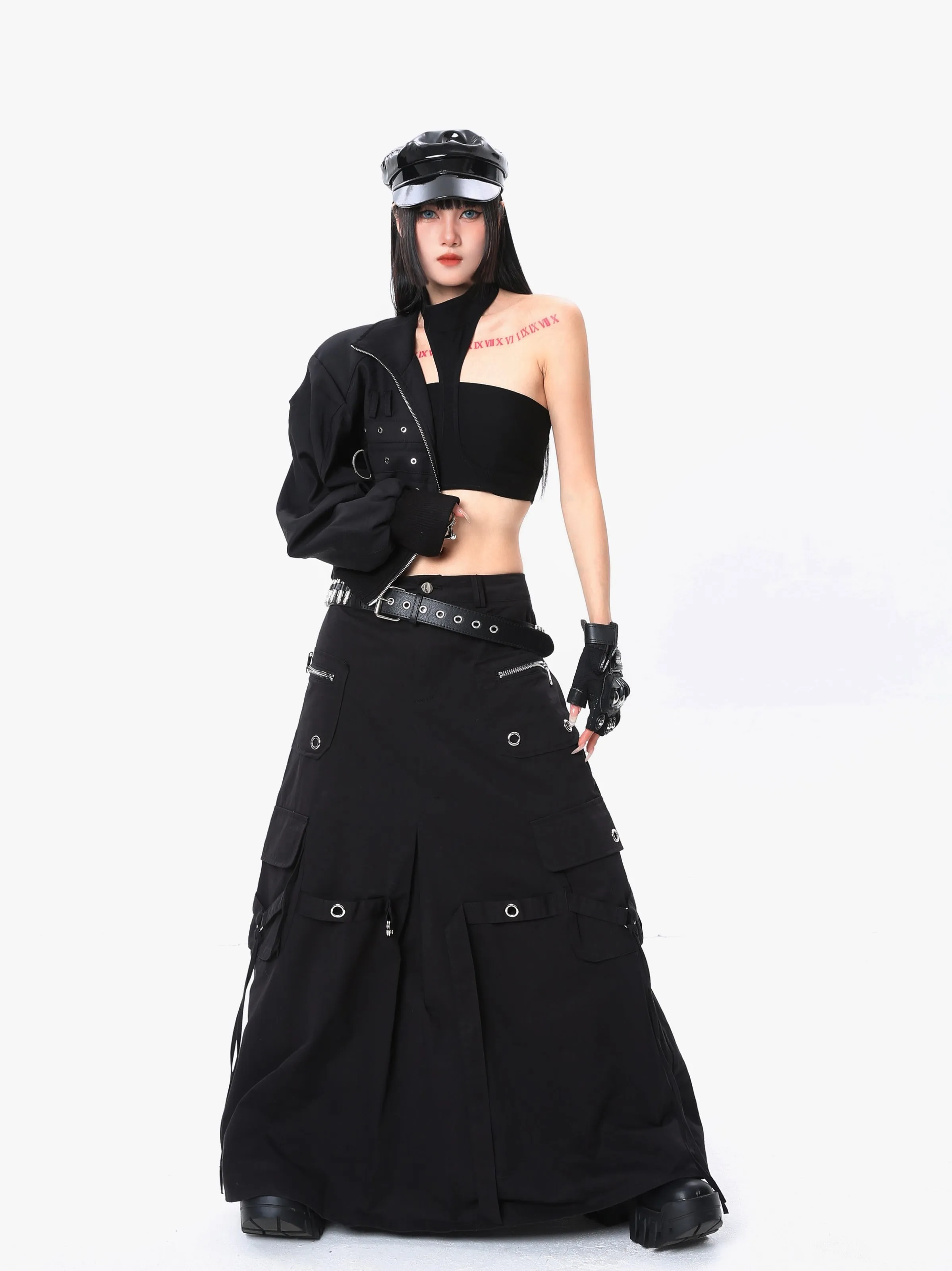 【24s Mar.】Black Metal Buckle Utility Pocket Midi Skirt