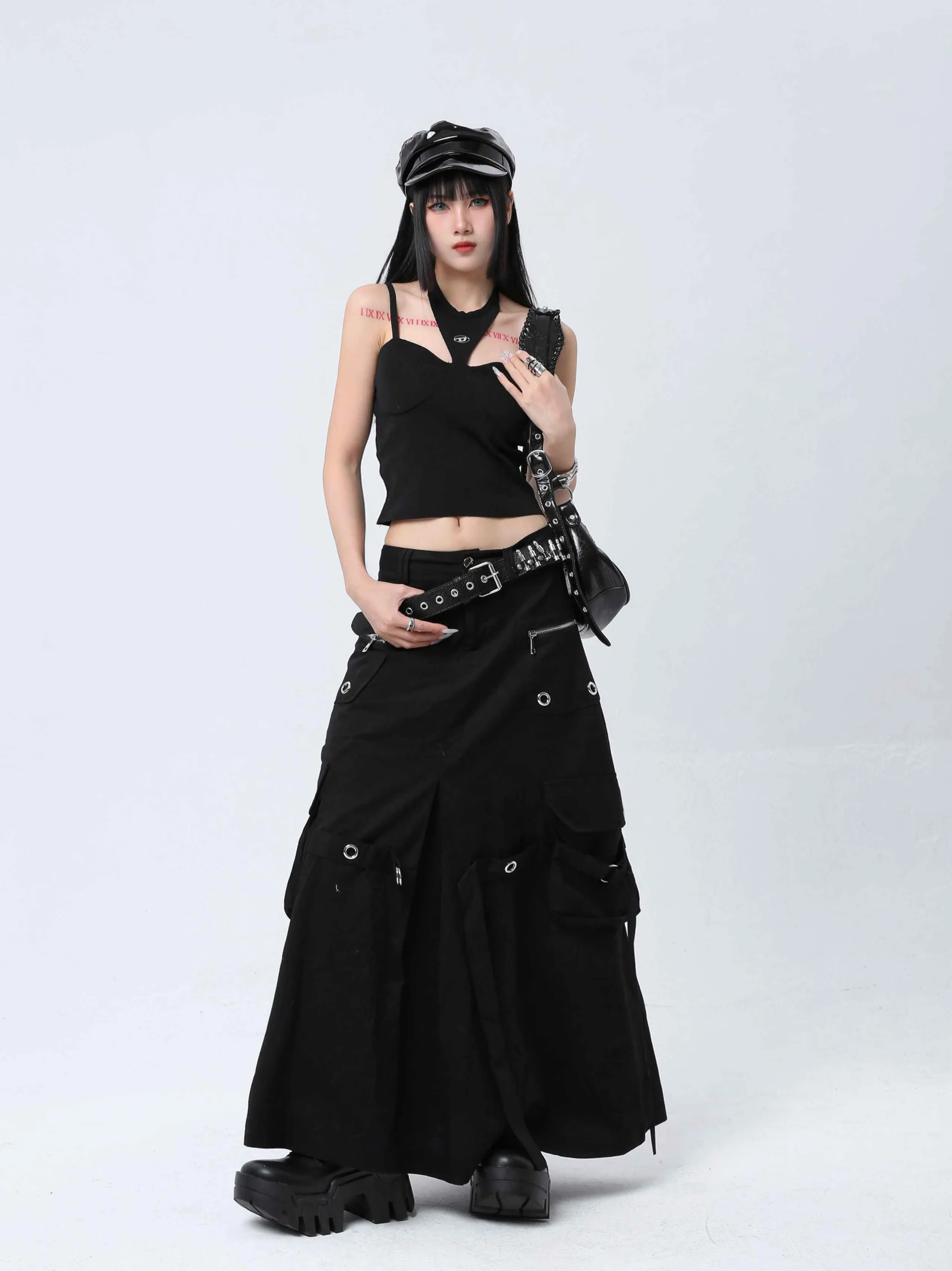 【24s Mar.】Black Metal Buckle Utility Pocket Midi Skirt