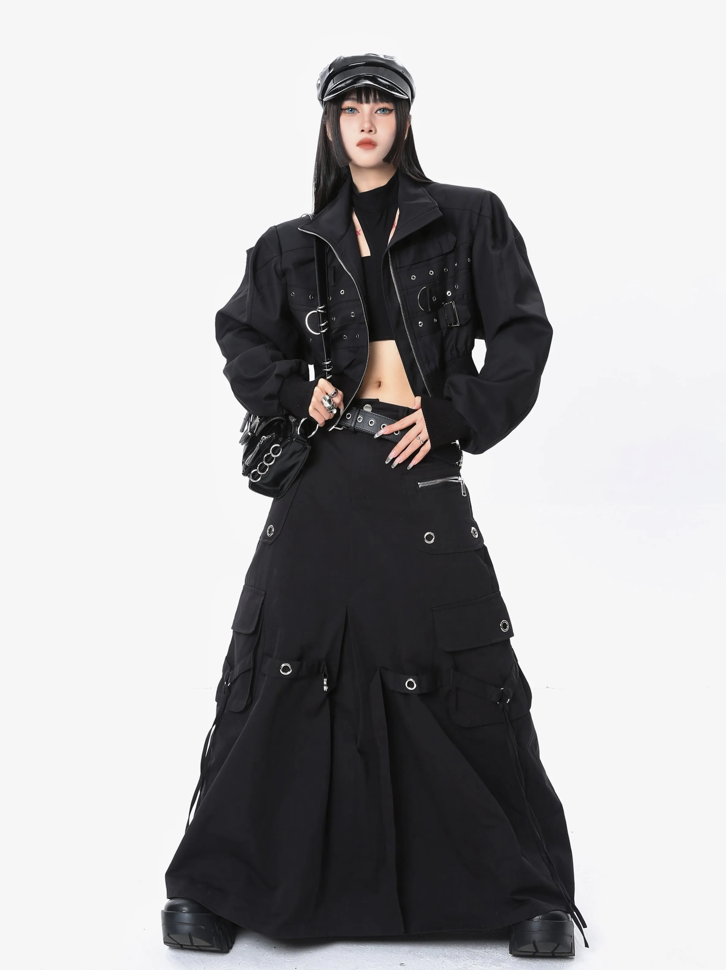 【24s Mar.】Black Metal Buckle Utility Pocket Midi Skirt