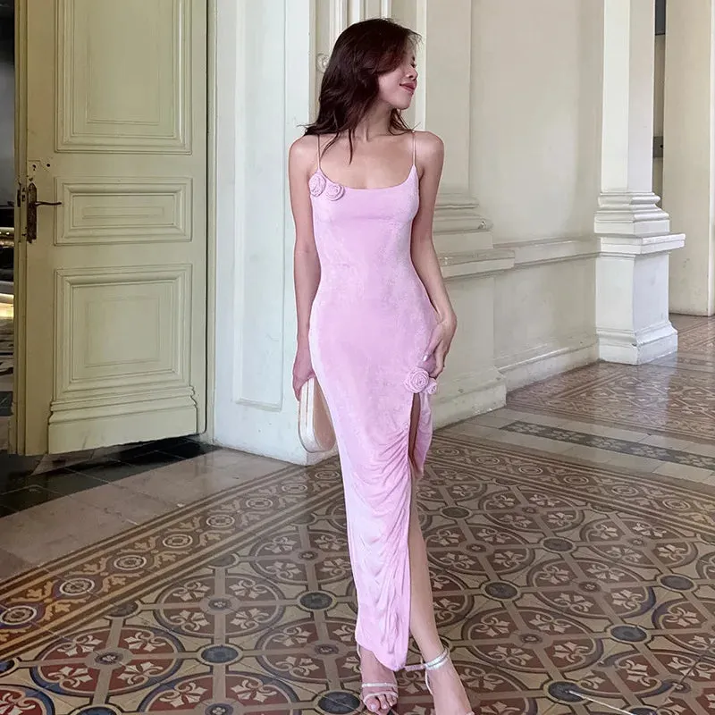 Advbridge -  Flower Side Slit Dress Women Sleeveless Sexy Off Shoulder Bodycon Sundress Lady Party Elegant Slim Evening Dress Woman