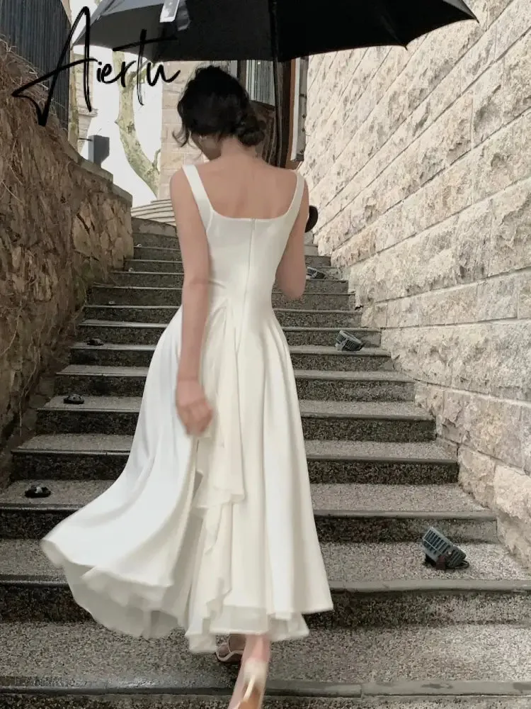 Aiertu French Elegant Ruffles White Midi Dresses Summer New Evening Party Women Clothes Fashion Sundress Birthday Ladies Dresses