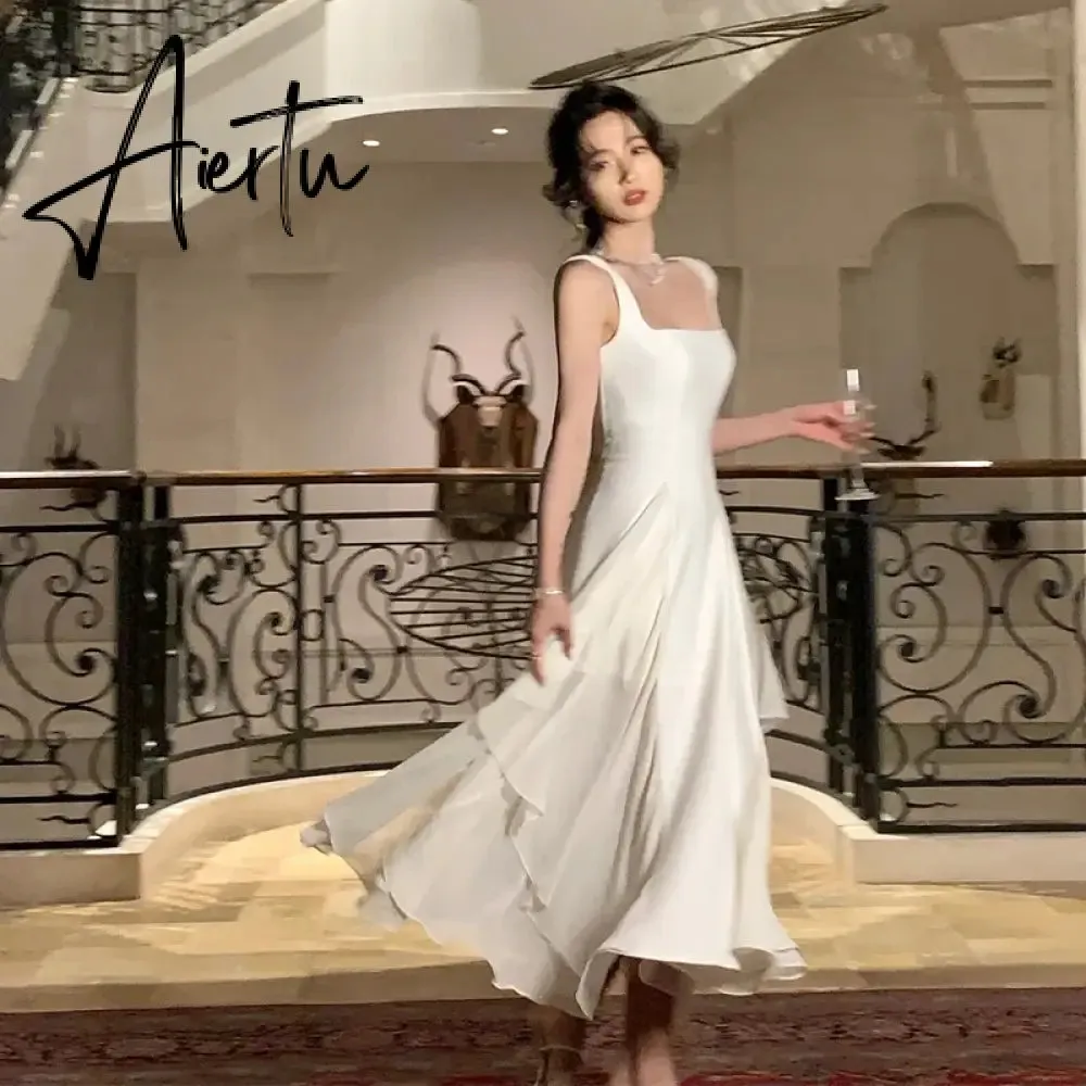 Aiertu French Elegant Ruffles White Midi Dresses Summer New Evening Party Women Clothes Fashion Sundress Birthday Ladies Dresses