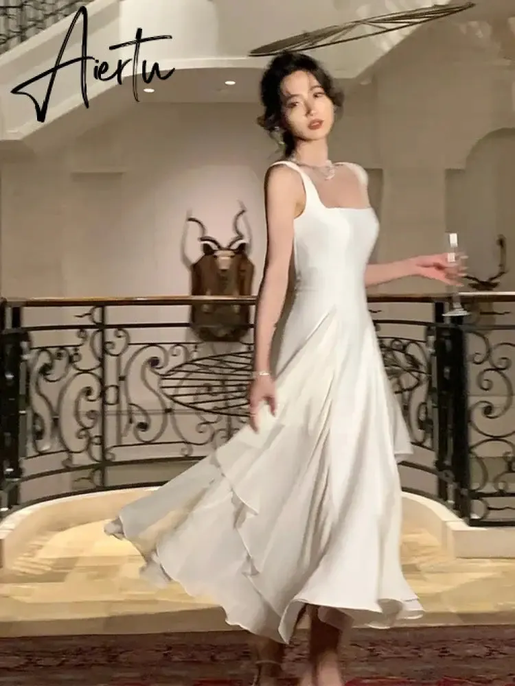 Aiertu French Elegant Ruffles White Midi Dresses Summer New Evening Party Women Clothes Fashion Sundress Birthday Ladies Dresses
