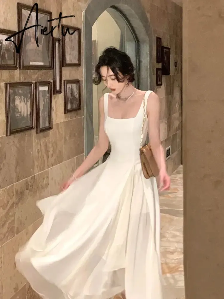 Aiertu French Elegant Ruffles White Midi Dresses Summer New Evening Party Women Clothes Fashion Sundress Birthday Ladies Dresses