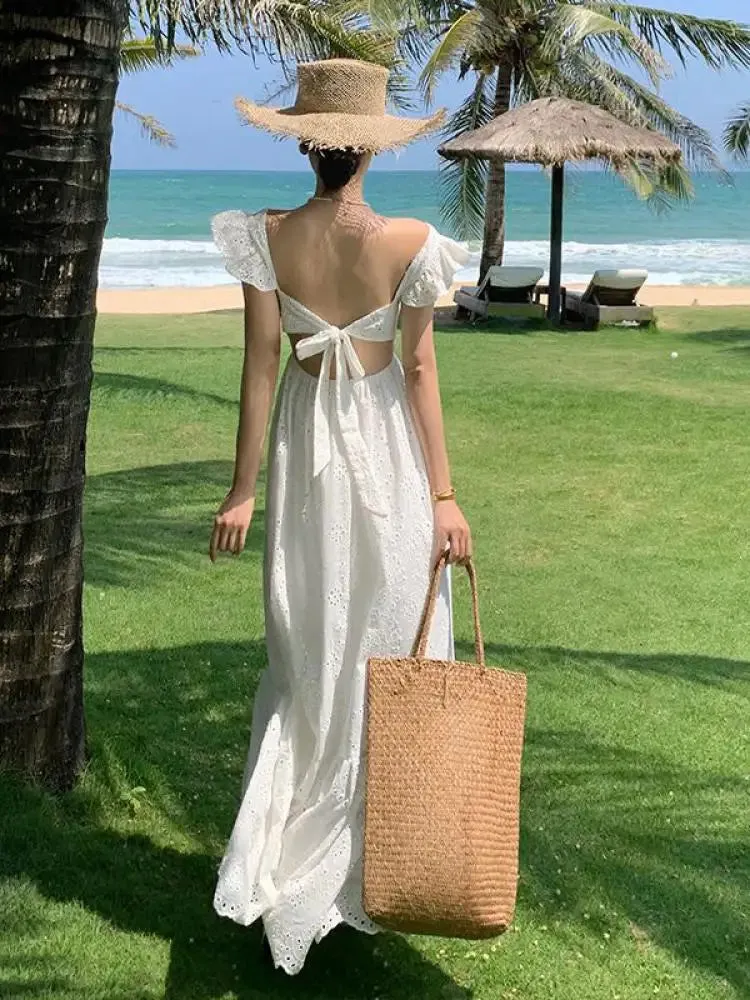 Aiertu Women White V-neck Backless Bandage Evening Party Dress Fashion New Hollow Out Long Sleeve Elegant Slim A-line Sundress Vestidos