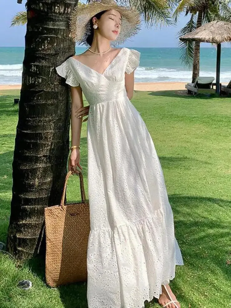 Aiertu Women White V-neck Backless Bandage Evening Party Dress Fashion New Hollow Out Long Sleeve Elegant Slim A-line Sundress Vestidos
