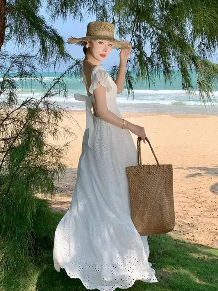 Aiertu Women White V-neck Backless Bandage Evening Party Dress Fashion New Hollow Out Long Sleeve Elegant Slim A-line Sundress Vestidos