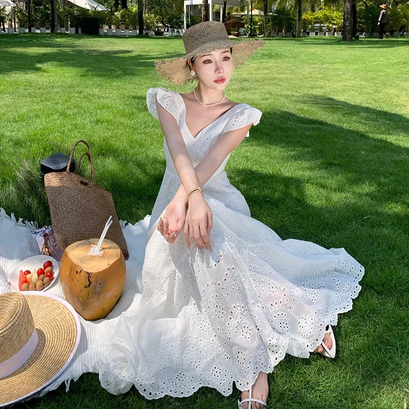 Aiertu Women White V-neck Backless Bandage Evening Party Dress Fashion New Hollow Out Long Sleeve Elegant Slim A-line Sundress Vestidos