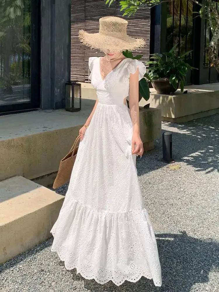 Aiertu Women White V-neck Backless Bandage Evening Party Dress Fashion New Hollow Out Long Sleeve Elegant Slim A-line Sundress Vestidos