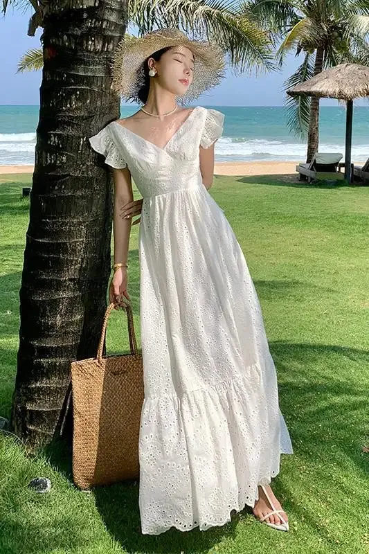Aiertu Women White V-neck Backless Bandage Evening Party Dress Fashion New Hollow Out Long Sleeve Elegant Slim A-line Sundress Vestidos