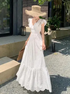 Aiertu Women White V-neck Backless Bandage Evening Party Dress Fashion New Hollow Out Long Sleeve Elegant Slim A-line Sundress Vestidos