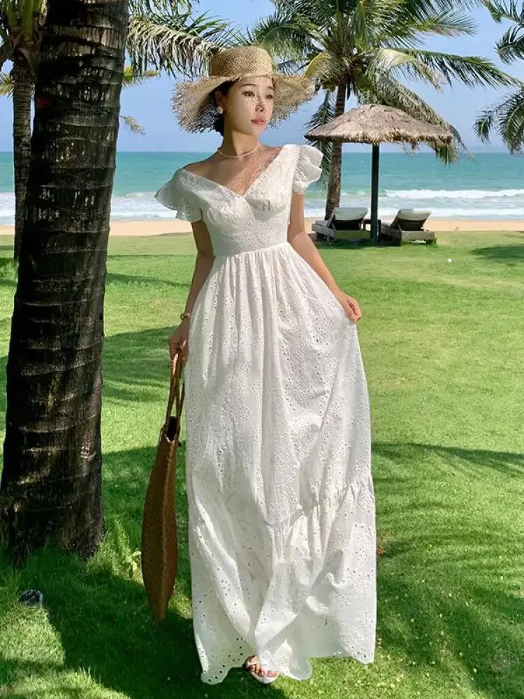 Aiertu Women White V-neck Backless Bandage Evening Party Dress Fashion New Hollow Out Long Sleeve Elegant Slim A-line Sundress Vestidos