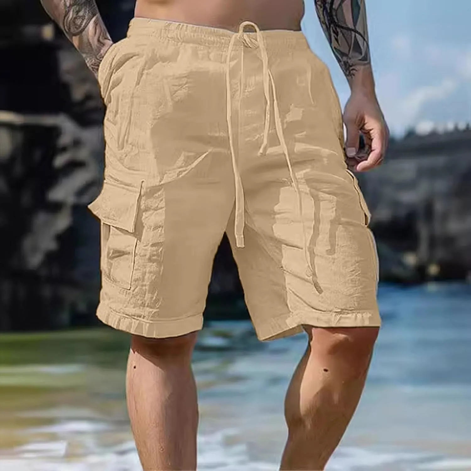 Alalaso Mens Cotton Linen Shorts Casual Drawstring 5.5Inch Stretch Workout Shorts Casual Suitable for Yoga Golf Shorts
