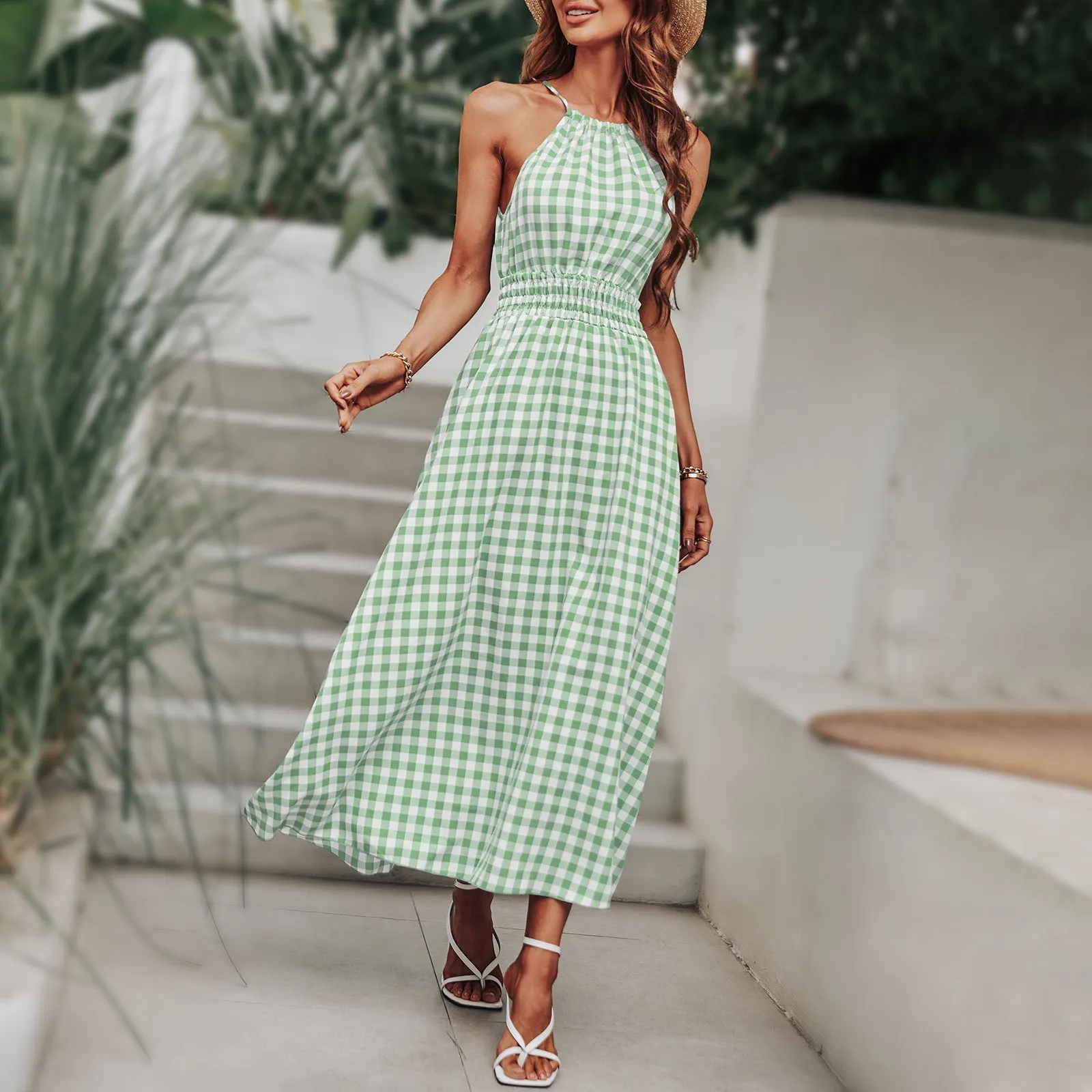 BerriesJam - Fashion Plaid Holiday Elastic Waist Beach Long Sundress