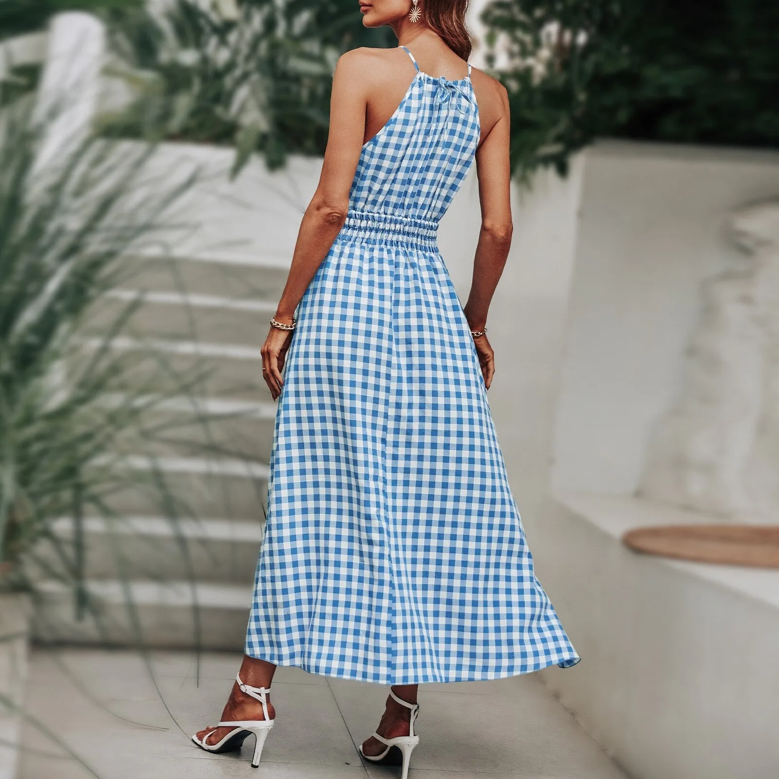 BerriesJam - Fashion Plaid Holiday Elastic Waist Beach Long Sundress