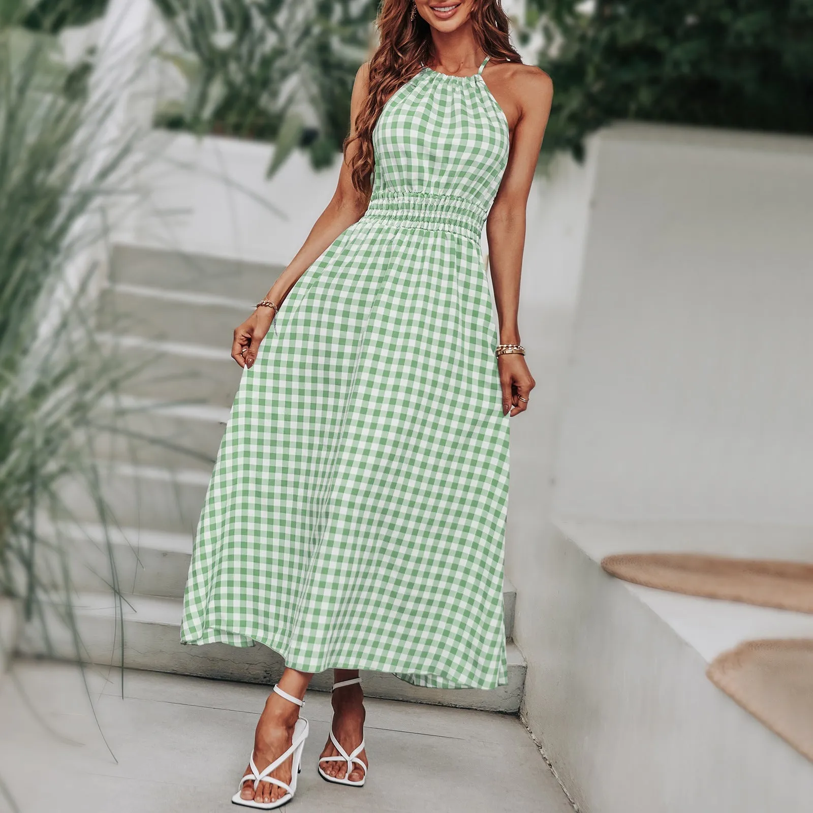 BerriesJam - Fashion Plaid Holiday Elastic Waist Beach Long Sundress