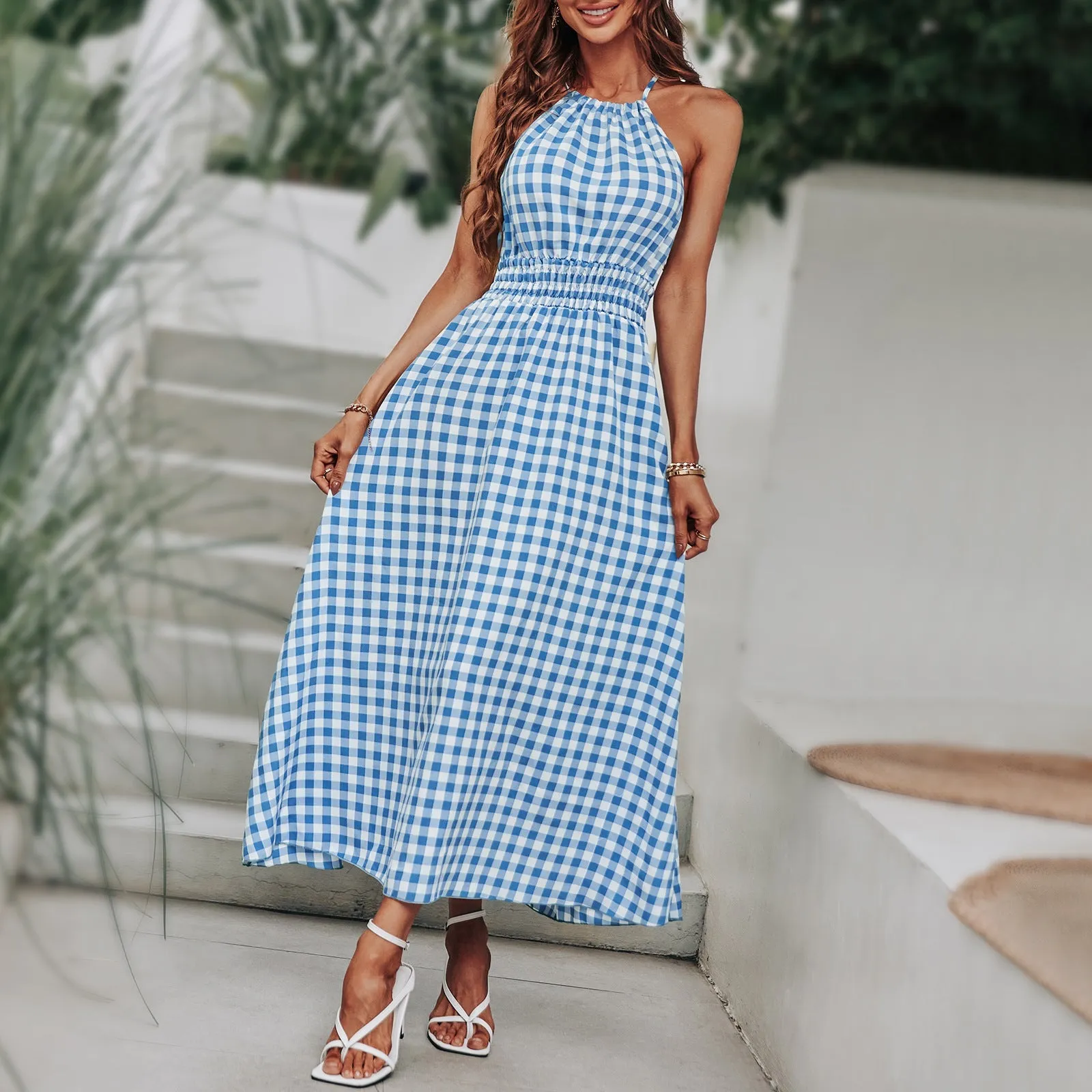 BerriesJam - Fashion Plaid Holiday Elastic Waist Beach Long Sundress