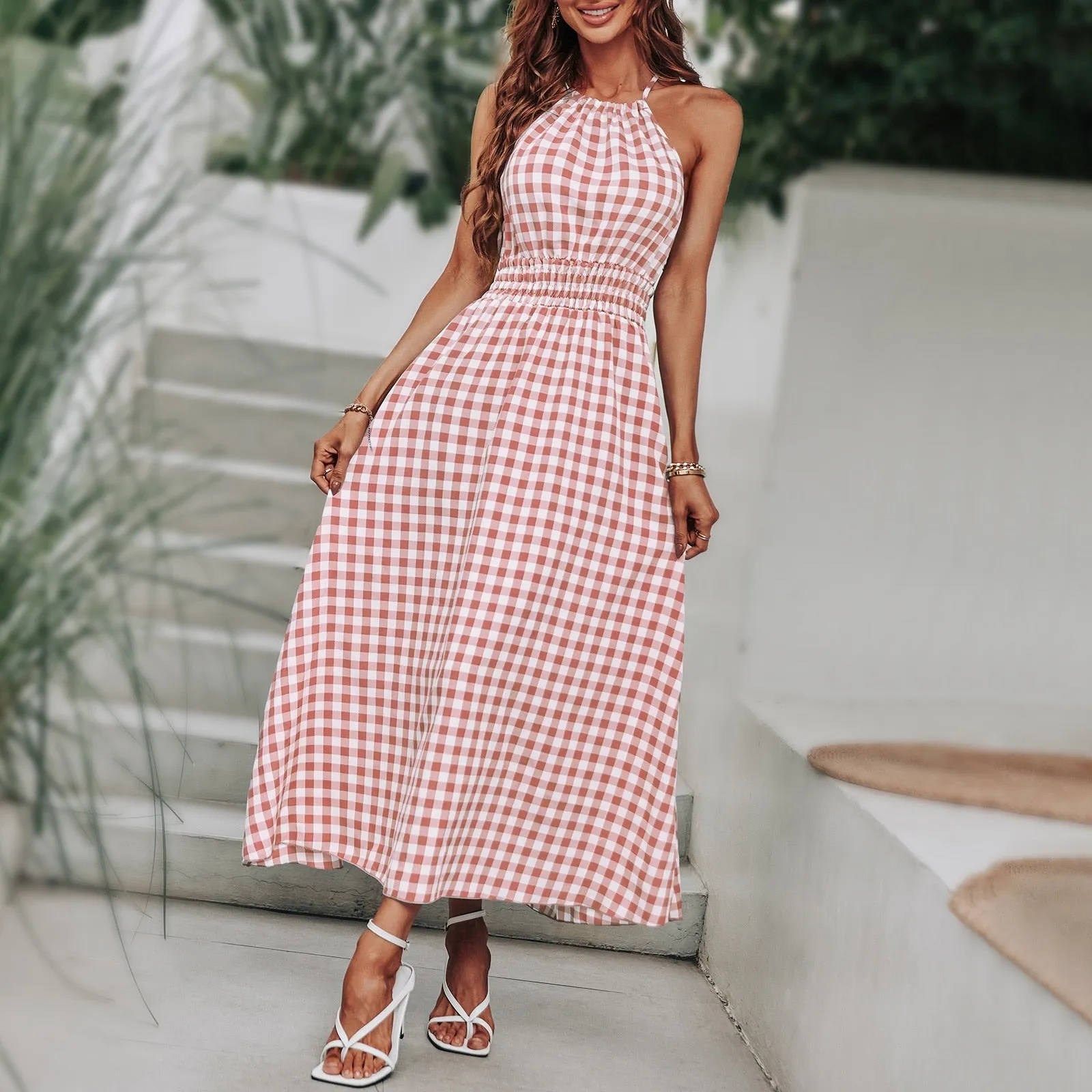 BerriesJam - Fashion Plaid Holiday Elastic Waist Beach Long Sundress