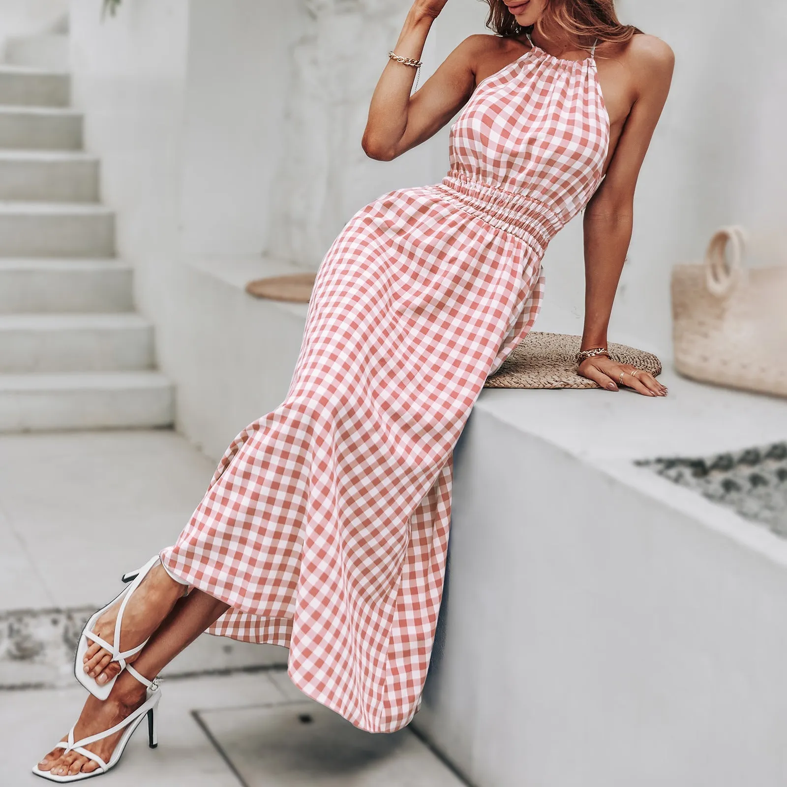 BerriesJam - Fashion Plaid Holiday Elastic Waist Beach Long Sundress