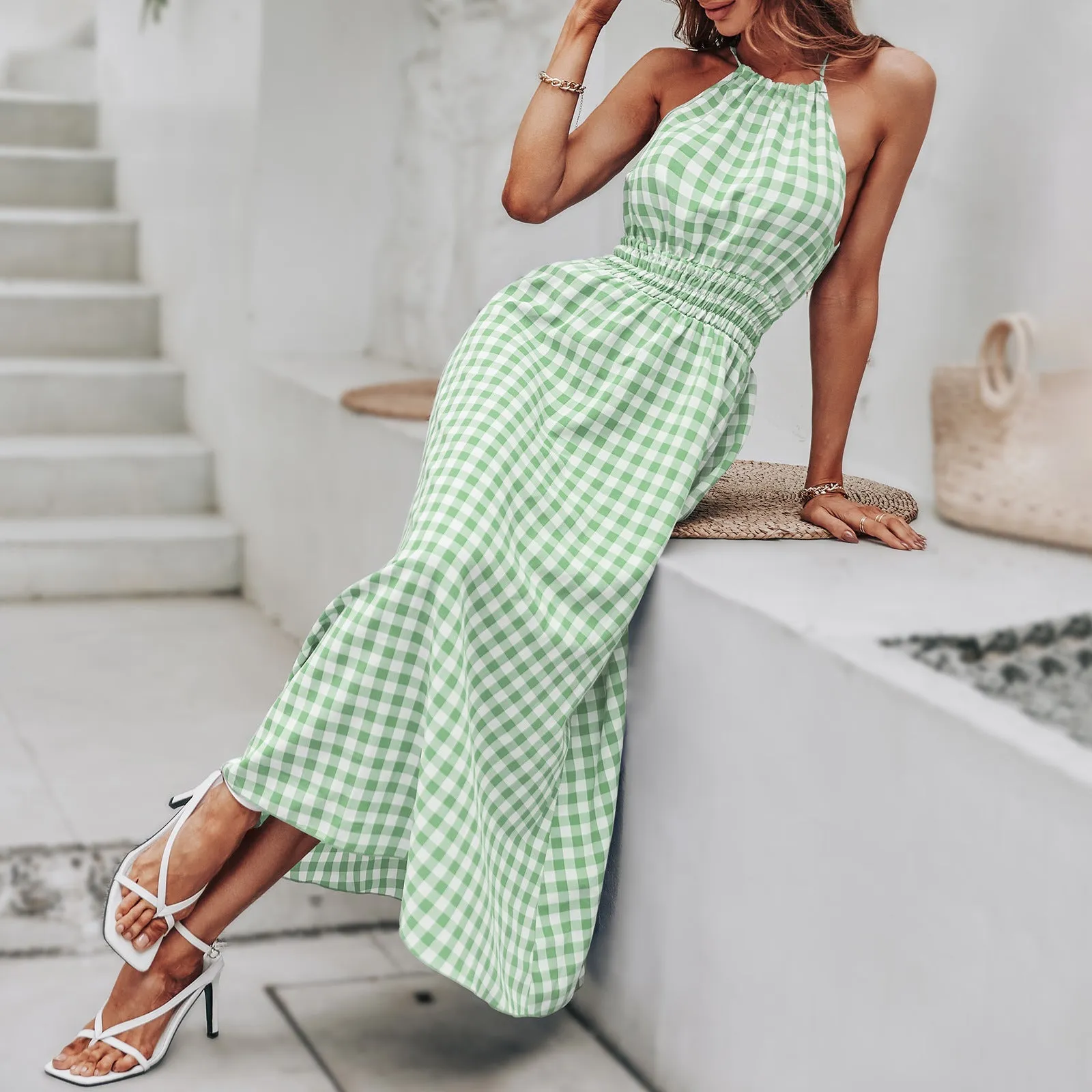 BerriesJam - Fashion Plaid Holiday Elastic Waist Beach Long Sundress