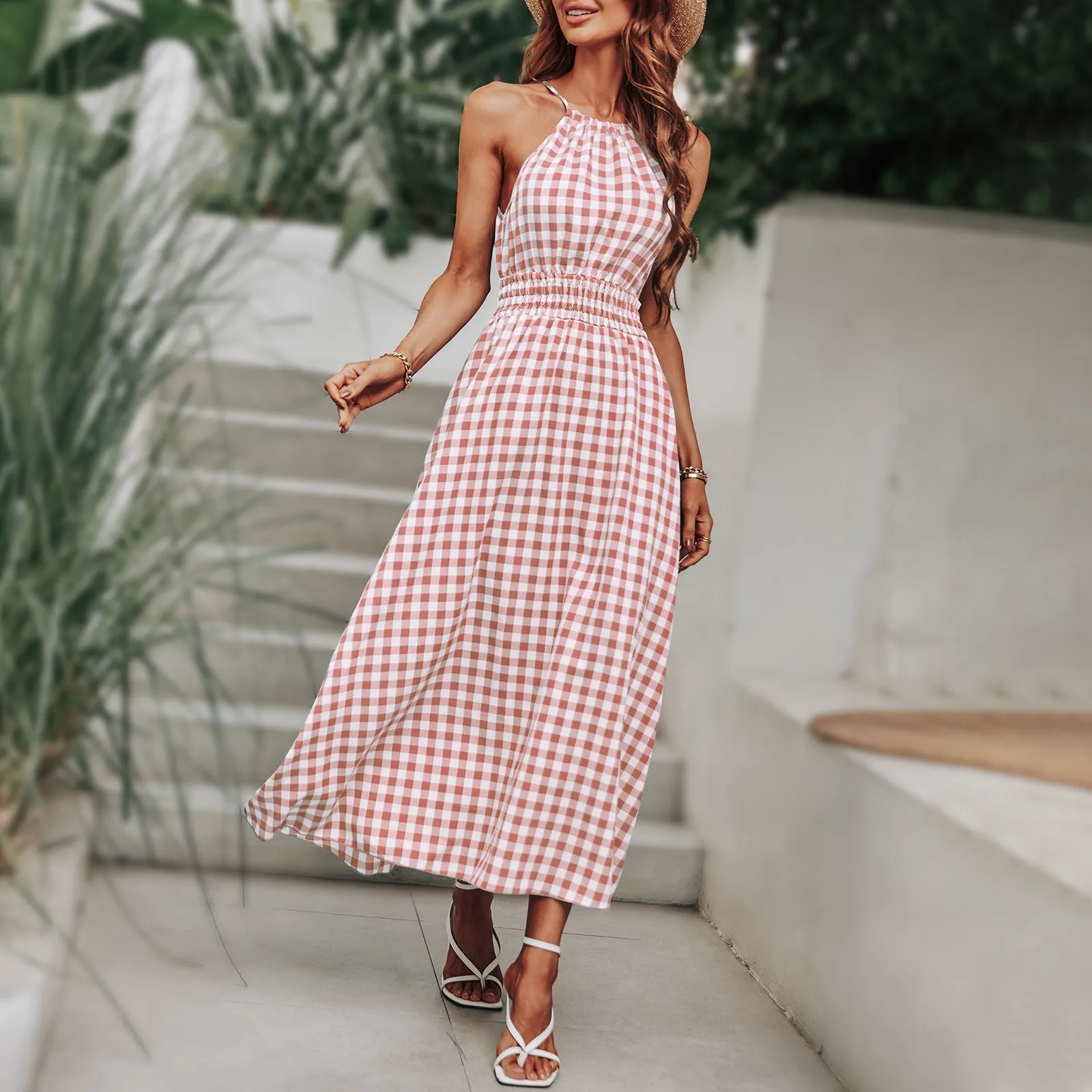BerriesJam - Fashion Plaid Holiday Elastic Waist Beach Long Sundress
