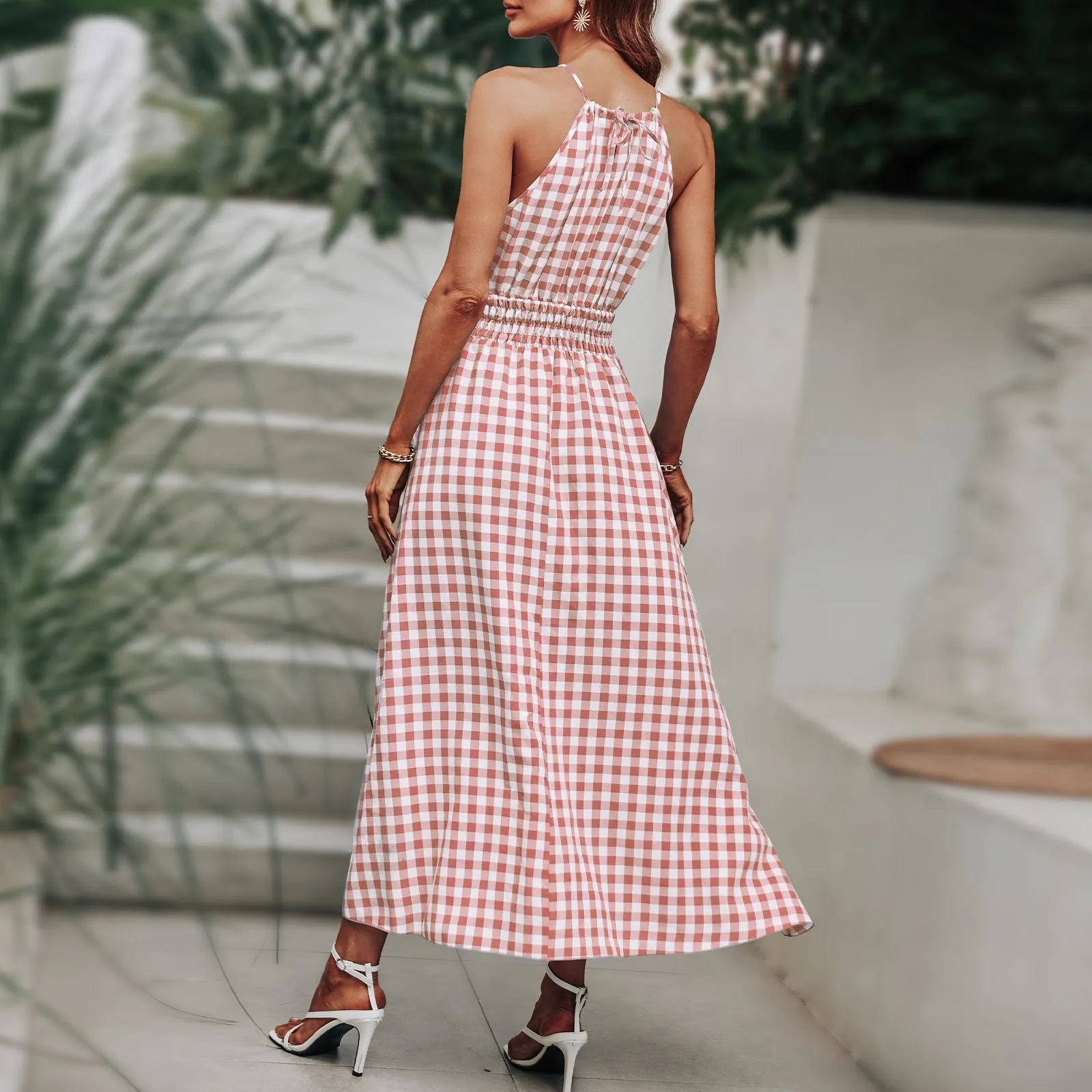 BerriesJam - Fashion Plaid Holiday Elastic Waist Beach Long Sundress