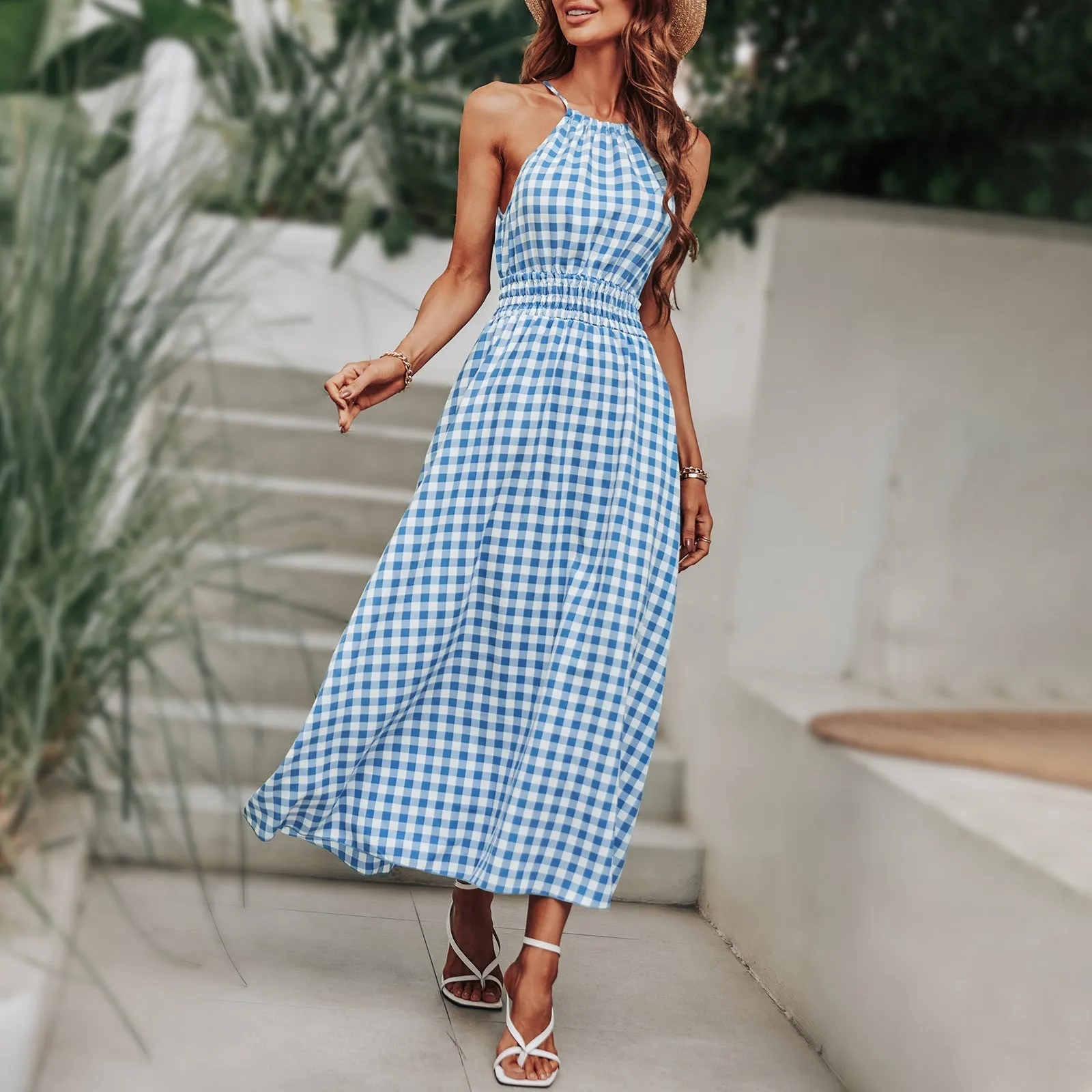BerriesJam - Fashion Plaid Holiday Elastic Waist Beach Long Sundress