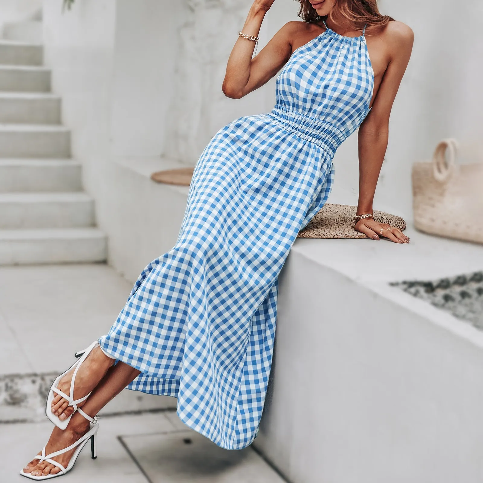 BerriesJam - Fashion Plaid Holiday Elastic Waist Beach Long Sundress