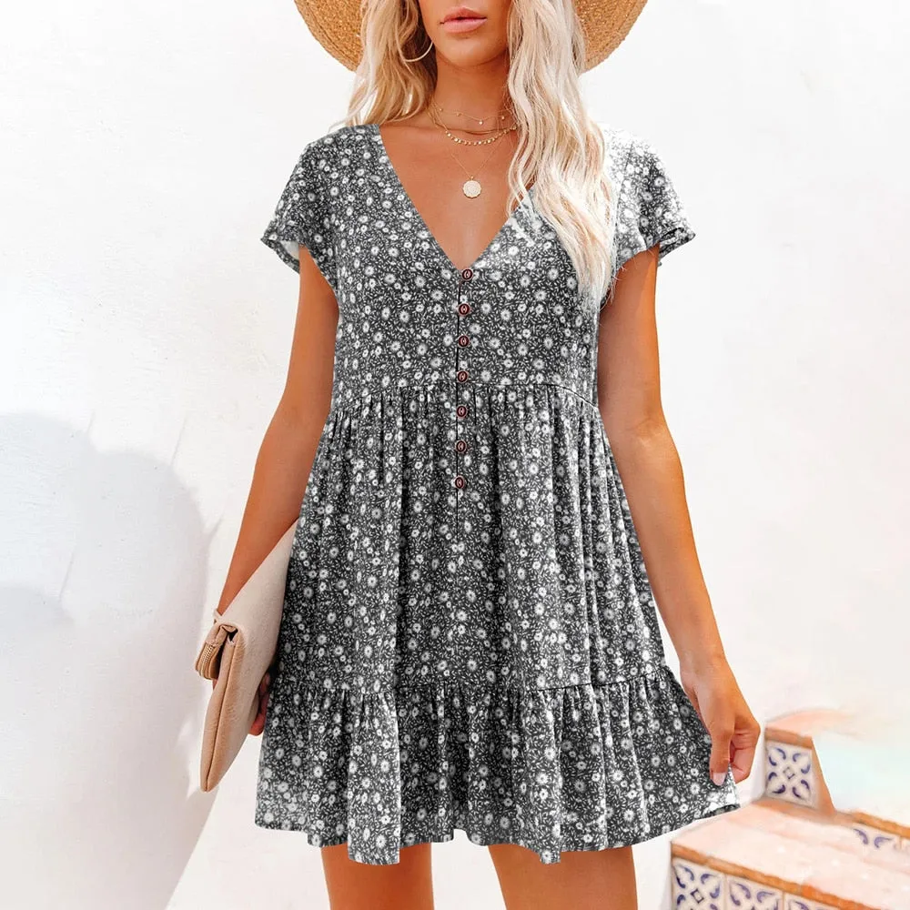 BerriesJam - Floral V-neck Chiffon Ruffles Mini Sundress