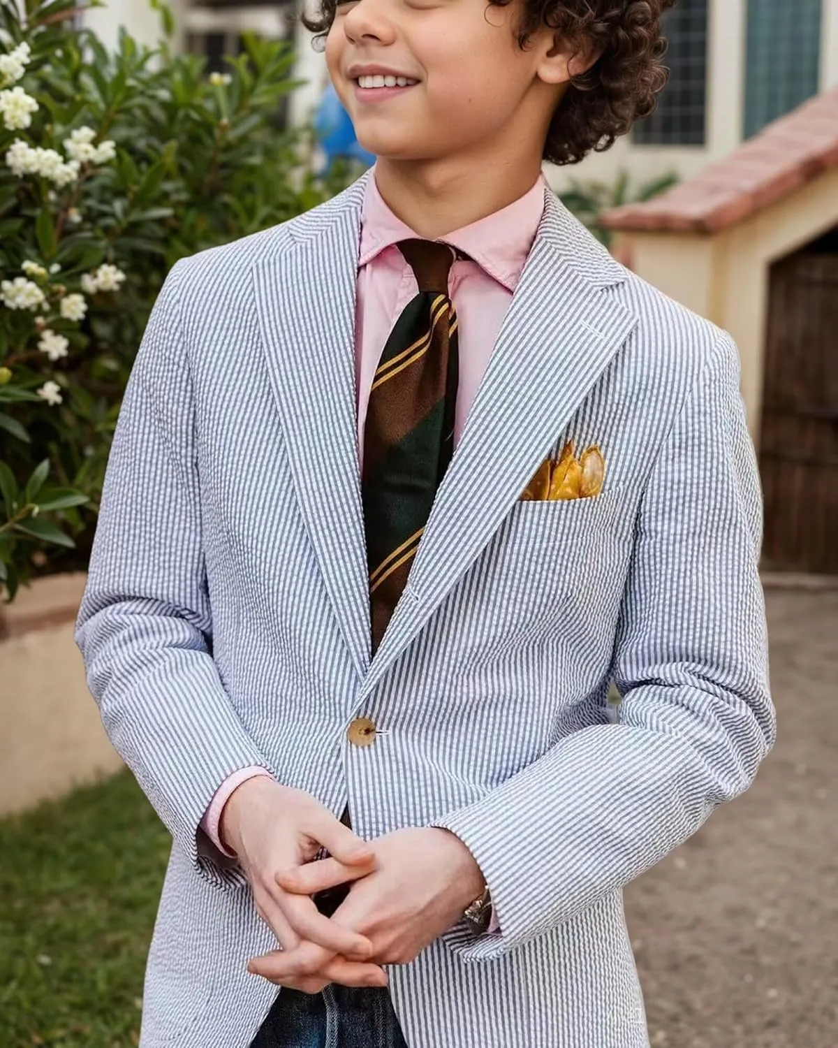Boys Seersucker Blazer Lightweight Breathable Jacket Striped Boy Summer Beach Ring Bearer Sport Coat for Wedding Travel