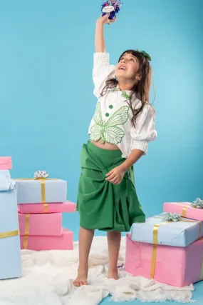 Butterfly embroidered white top with stylish green skirt