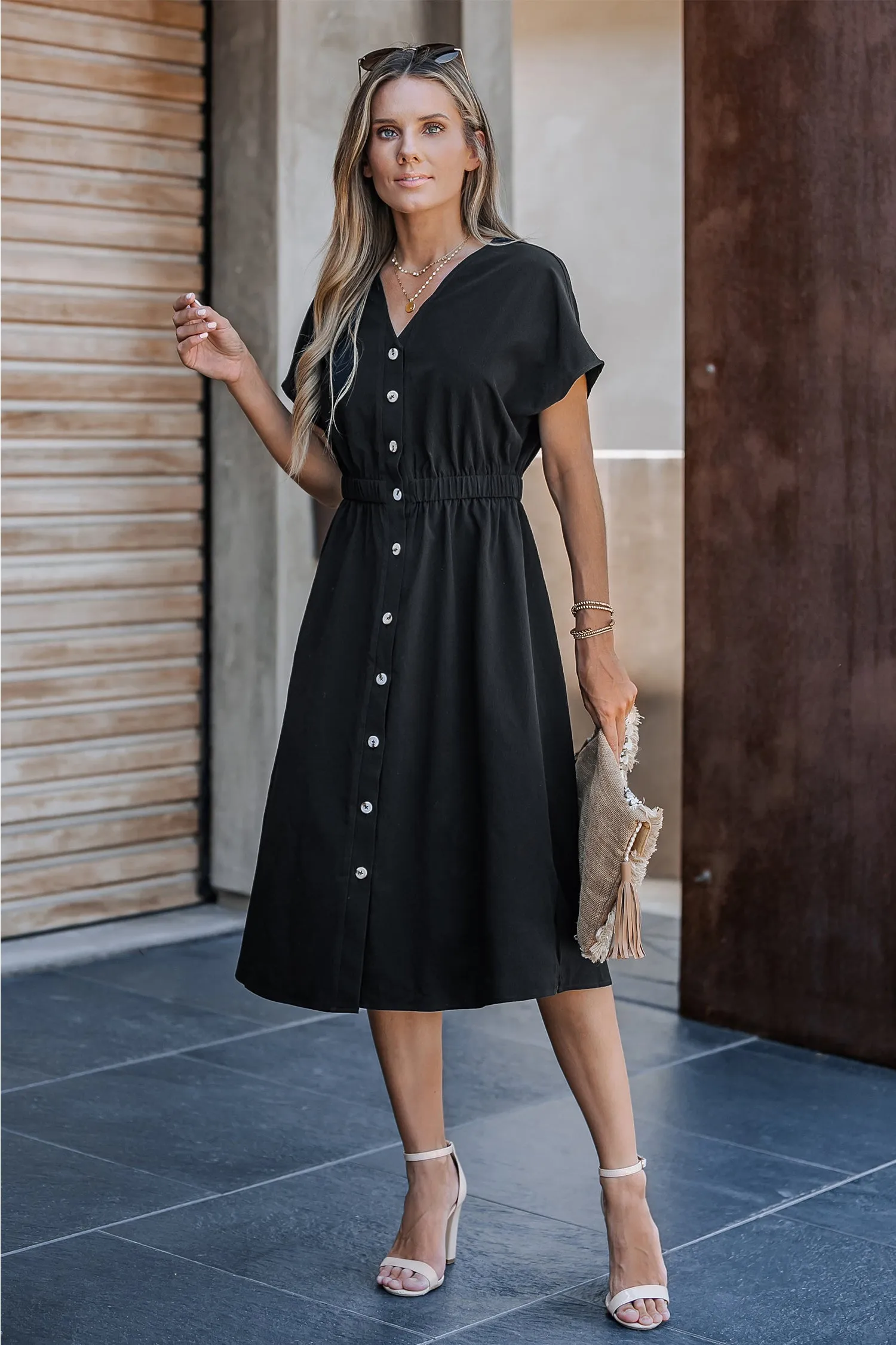 Buttoned V-Neck Midi Dress