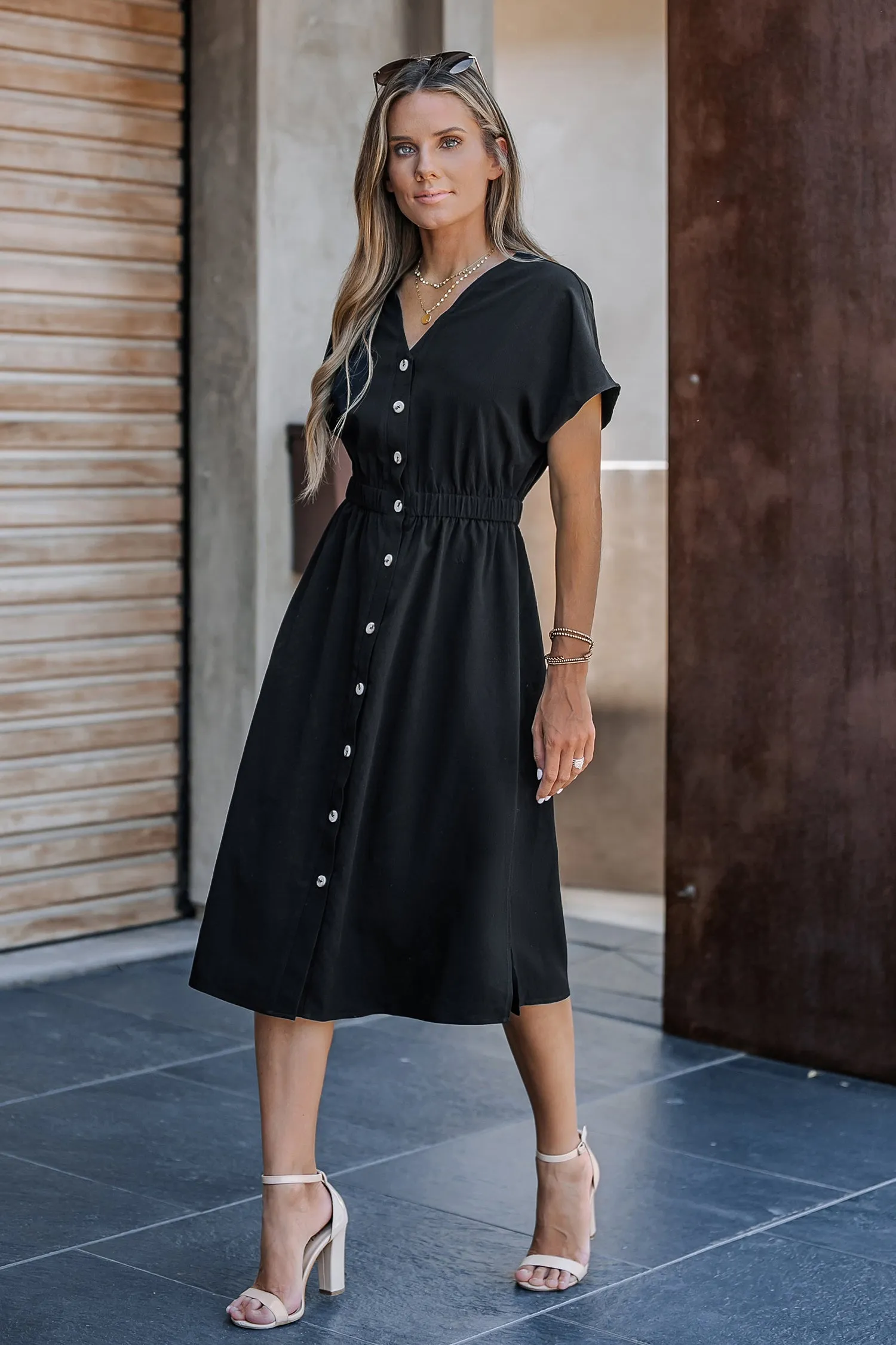 Buttoned V-Neck Midi Dress