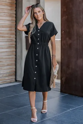 Buttoned V-Neck Midi Dress