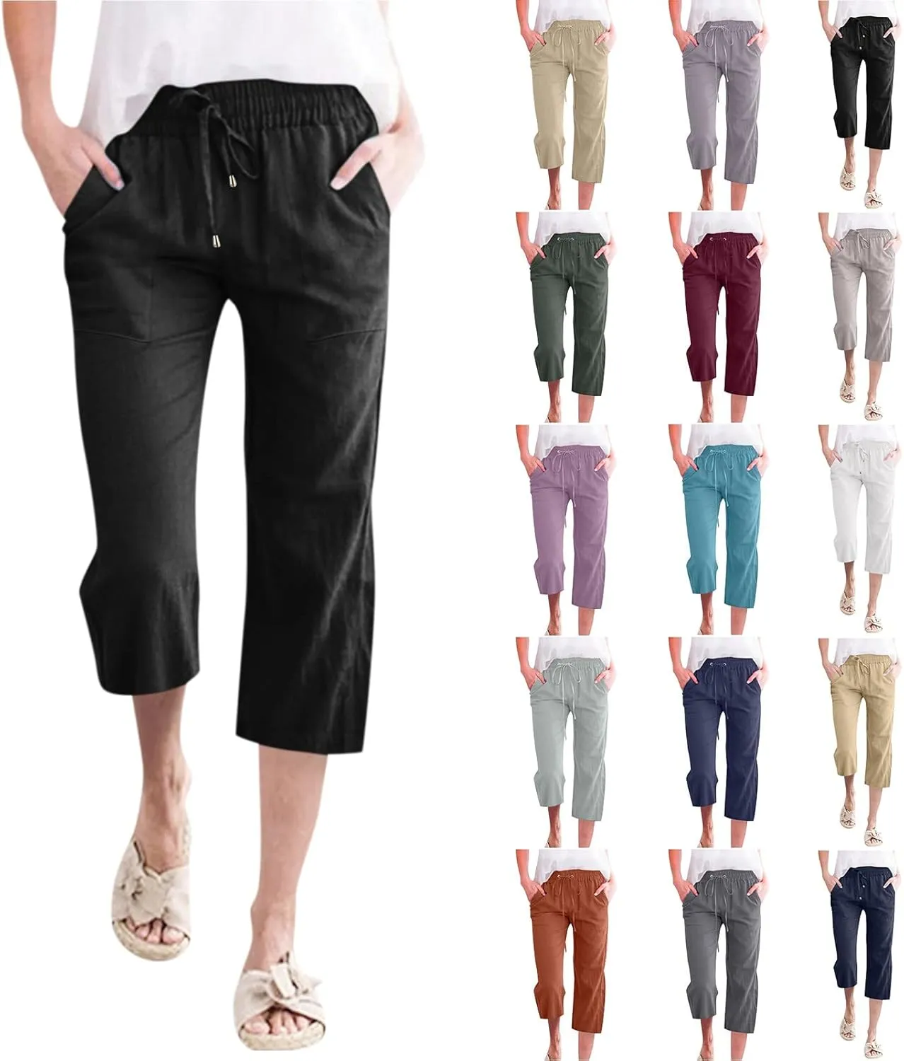 Capri Pants for Women Elegant Summer 2024 Drawstring Elastic High Waist Linen Pants Wide Leg Lounge Trendy