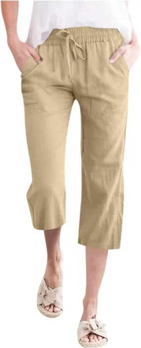 Capri Pants for Women Elegant Summer 2024 Drawstring Elastic High Waist Linen Pants Wide Leg Lounge Trendy