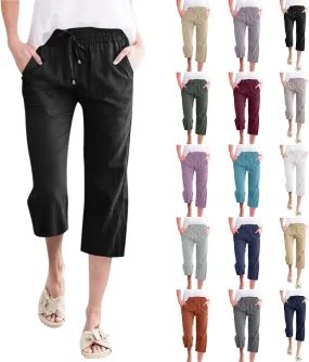 Capri Pants for Women Elegant Summer 2024 Drawstring Elastic High Waist Linen Pants Wide Leg Lounge Trendy