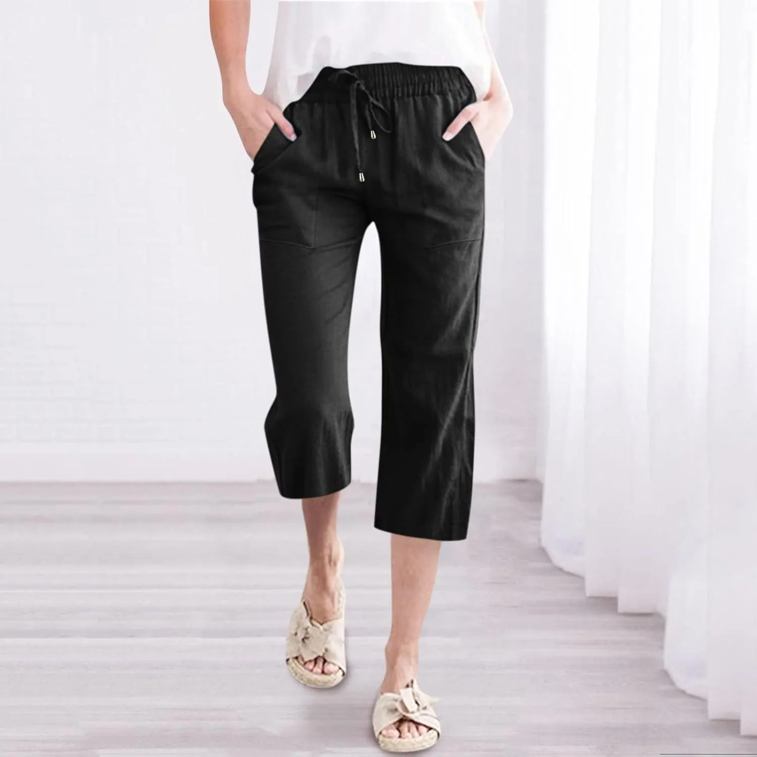 Capri Pants for Women Elegant Summer 2024 Drawstring Elastic High Waist Linen Pants Wide Leg Lounge Trendy
