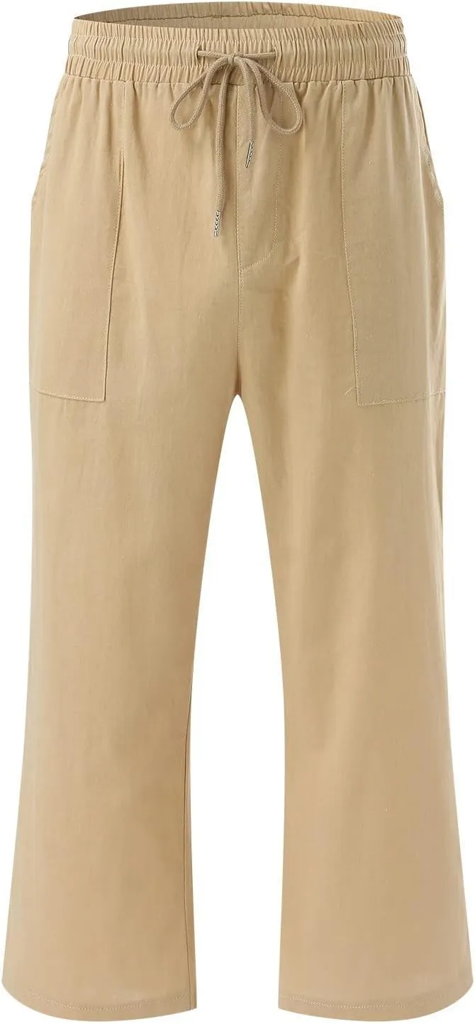 Capri Pants for Women Elegant Summer 2024 Drawstring Elastic High Waist Linen Pants Wide Leg Lounge Trendy