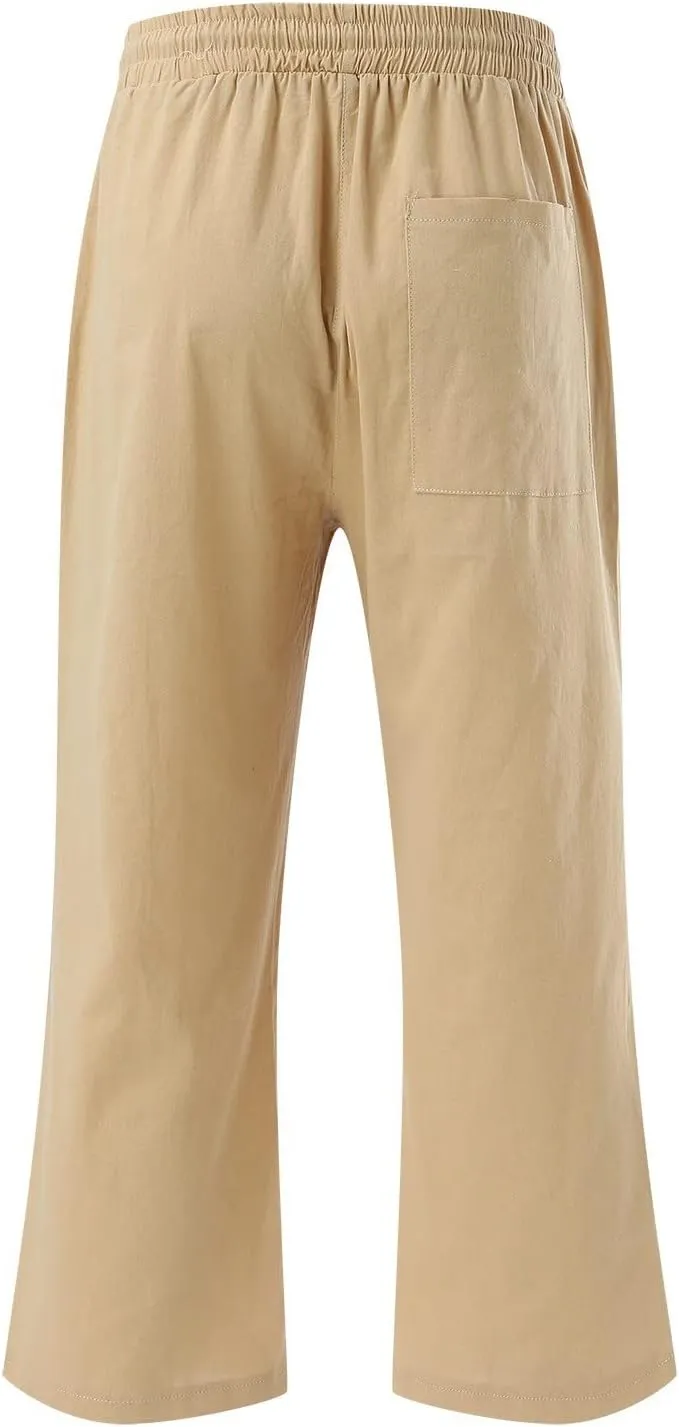 Capri Pants for Women Elegant Summer 2024 Drawstring Elastic High Waist Linen Pants Wide Leg Lounge Trendy