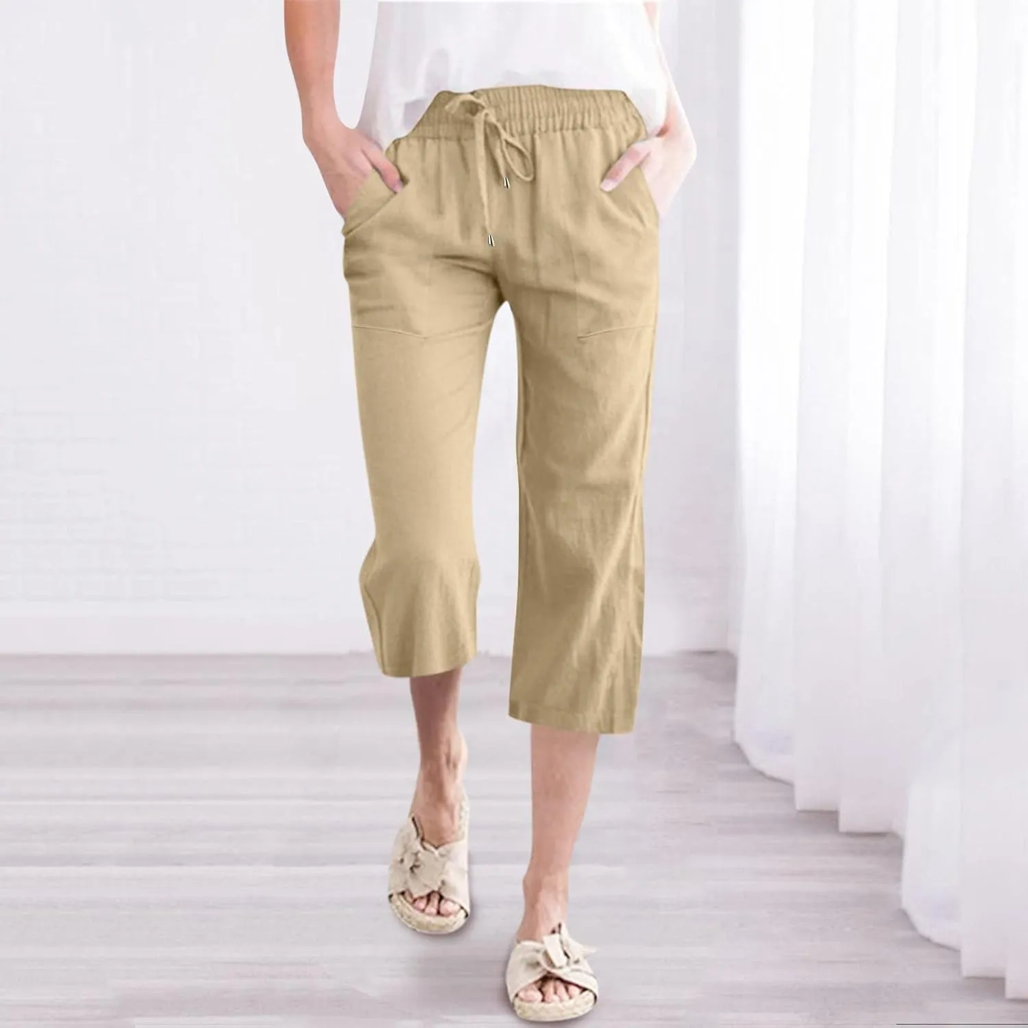 Capri Pants for Women Elegant Summer 2024 Drawstring Elastic High Waist Linen Pants Wide Leg Lounge Trendy
