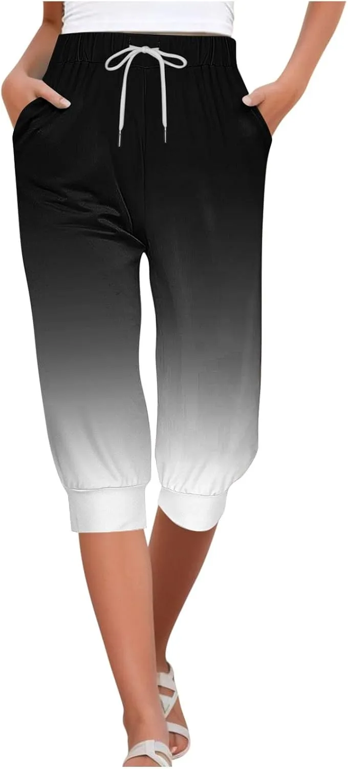 Capri Sweatpants for Women Gym Workout Yoga Jogger Capris High Waisted Draw Hiking Running Crop Pants with Pockets
