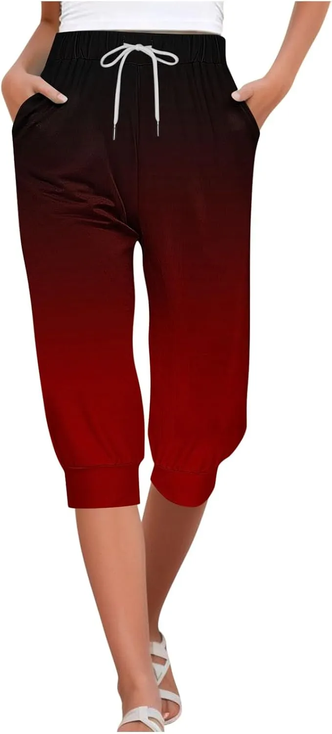 Capri Sweatpants for Women Gym Workout Yoga Jogger Capris High Waisted Draw Hiking Running Crop Pants with Pockets