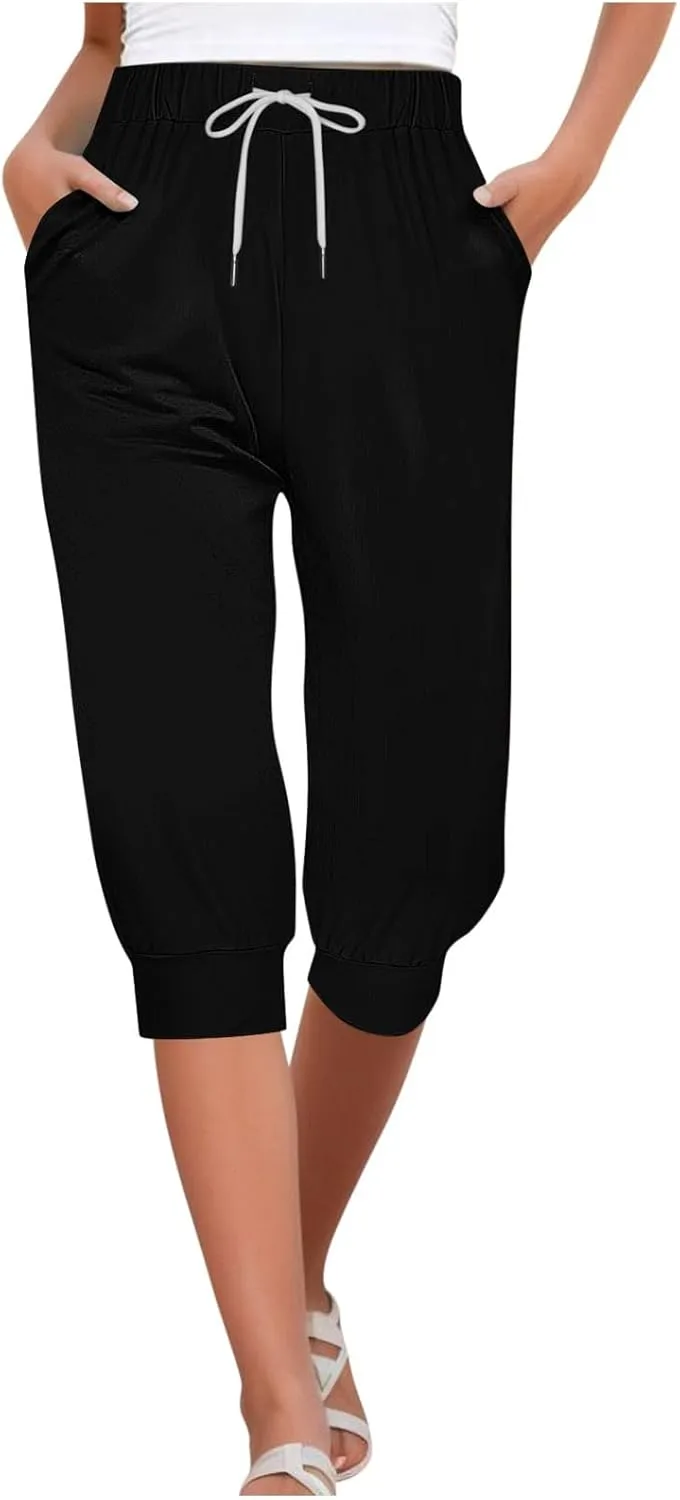 Capri Sweatpants for Women Gym Workout Yoga Jogger Capris High Waisted Draw Hiking Running Crop Pants with Pockets