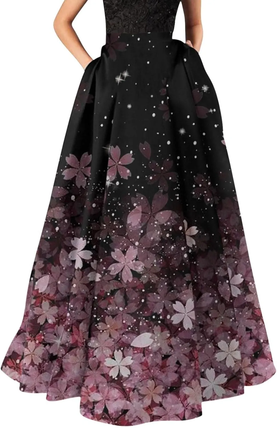 Casual Summer Skirt for Women 2023 Boho High Waist Boho Printed Loose Hem Swing Long Maxi Skirt with Pocket Elegant Trendy Elastic Waist Flowy Party club womens shift Flower Floral N38-Pink