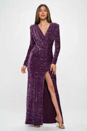 Dark Violet Long Sleeve Velvet Sequin Maxi Dress