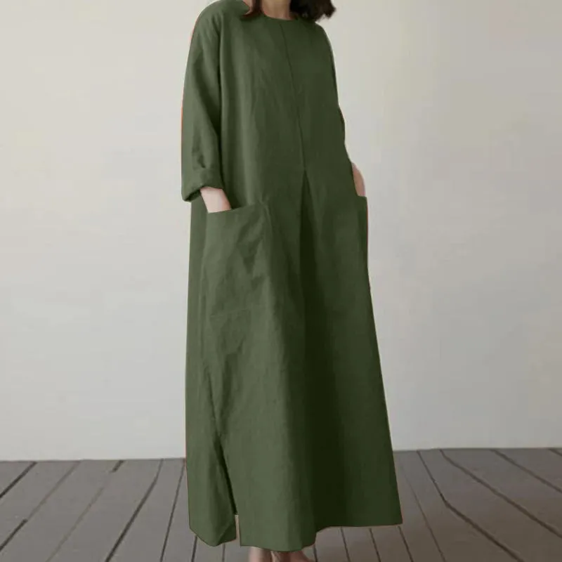 Elegant Dress O-Neck 3/4 Sleeved Solid Dresses Oversized