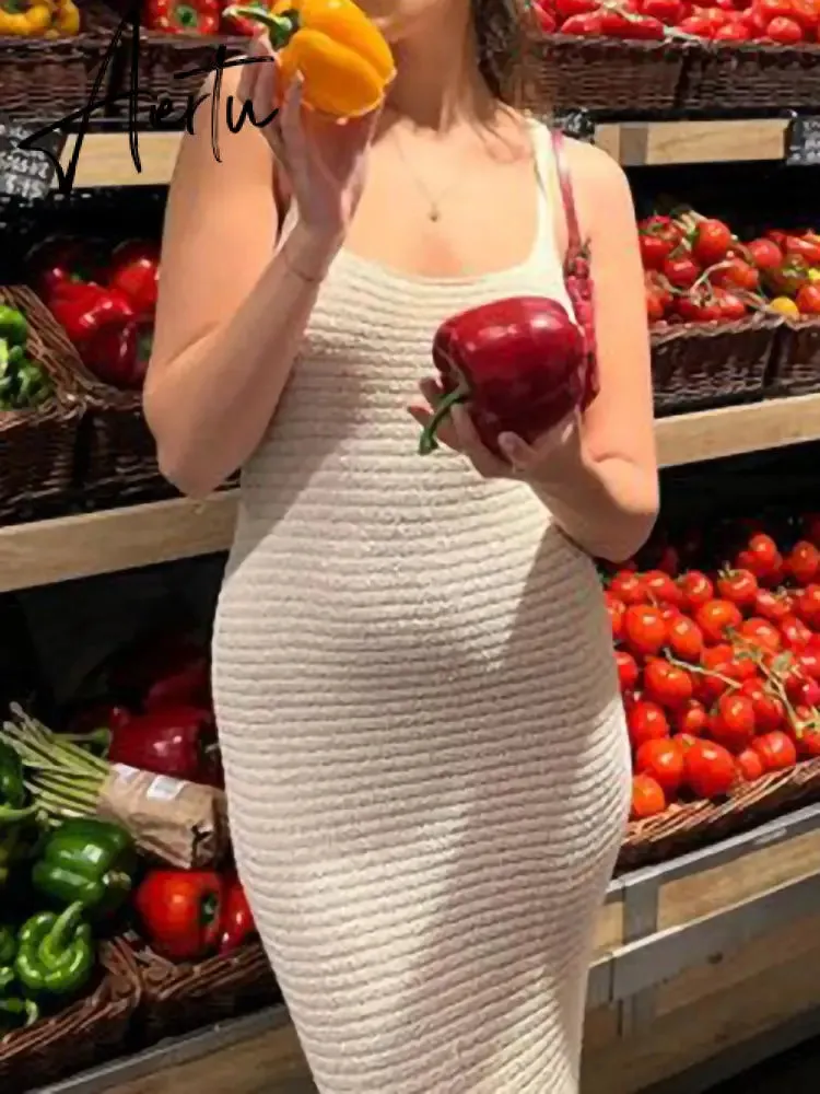 Elegant White Knitted Midi Dress Summer 90s Vintage Spaghetti Straps Wrap Bodycon Dresses Party Beach Backless Sundress