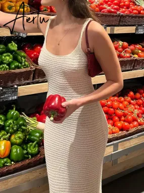 Elegant White Knitted Midi Dress Summer 90s Vintage Spaghetti Straps Wrap Bodycon Dresses Party Beach Backless Sundress
