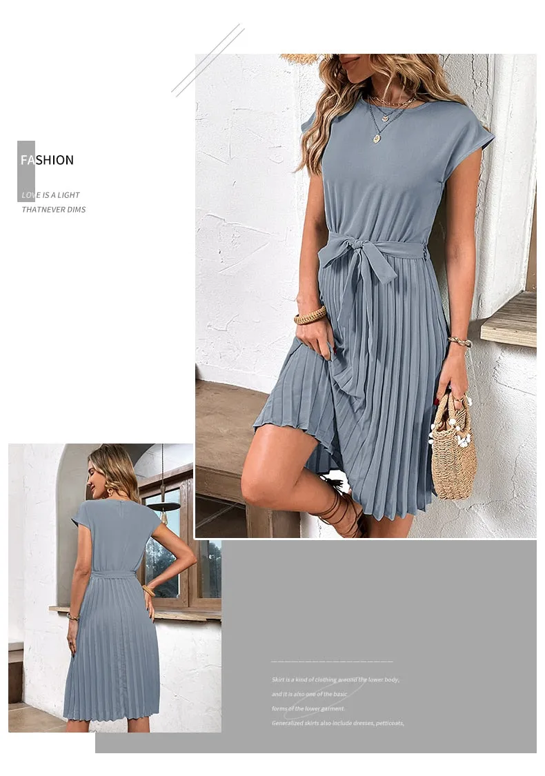 Elegant Women Summer Casual Beach Sundress Short Sleeve Pleated Midi Dress Soild Colour O Neck Tunic Dresses Fashion